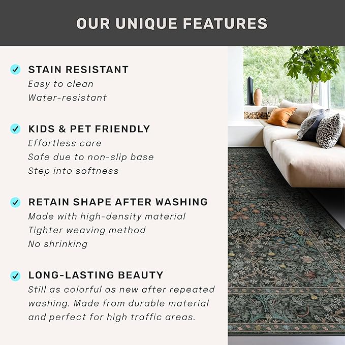 Non Slip 2x6 Kitchen Runner Rug Washable, Rubber Backed Bathroom Runner, Boho Vintage Floral Botanical Dark Green Non Skid Low Pile Soft Carpet for Entryway, Laundry Room, Hallway Mats for Floor