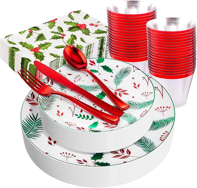 bUCLA 175pcs Christmas Plastic Plates - Christmas Plates Disposable with Red Silverware, Red Cups and Paper Napkins Berries and Holly Leaves for 25 Guests for Xmas Party