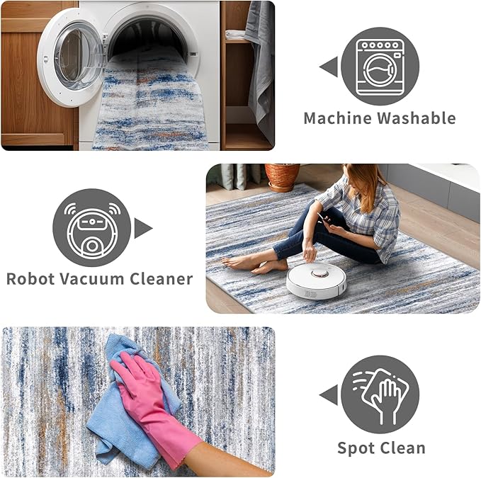 4x12 Runner Rug for Wide Hallway: Long Washable Runners for Entryway Living Room Dining Room - Stain and Water Resistant Rugs with Non-Slip Backing - Soft Low-Pile Carpet Navy Grey