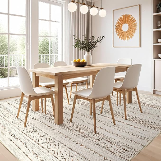 Nakagishi Area Rug Living Room Rugs: 5x7 Machine Washable Boho Large Neutral Farmhouse Stain Resistant Moroccan Indoor Floor Carpet for Bedroom Nursery Dorm Classroom Playroom Dining Room Home- Brown