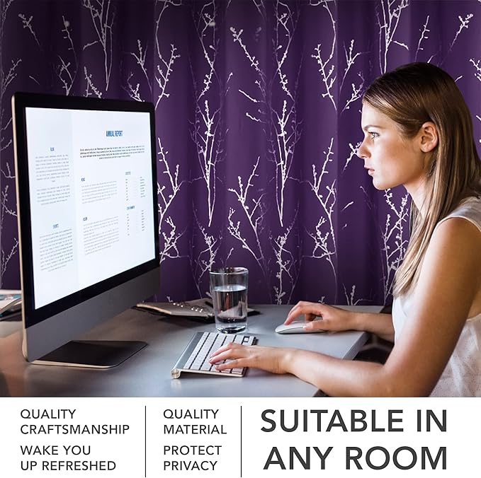 Deconovo Blackout Curtains for Bedroom, Purple Curtain, Thermal Insulated Soundproof Grommet Drapes, Silver Tree Print, 52 x 84 Inch, 2 Panels, Machine Washable Window Panel for Living Room Nursery