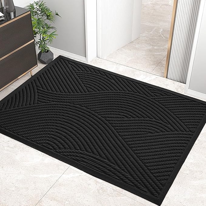 HIYARD Sturdy Front Door Mat, Absorbent Muddy Dirt Resist Welcome Door Mats Outdoor Indoor, Stain and Fade Resistant, Non-Slip Backing Entry Mat Low Profile Doormat for Entryway, 47×32, Black