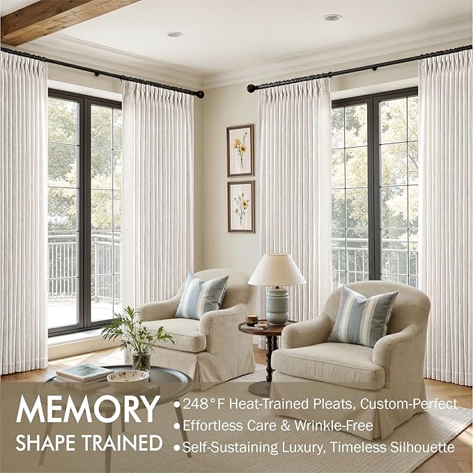 MIULEE Pinch Pleated Thick Linen Curtains 105 Inches Long 2 Panels for Living Room Bedroom, Pinch Pleat Drapes Back Tab Light Filtering Floor to Ceiling Semi Sheer Natural Farmhouse Window Curtains