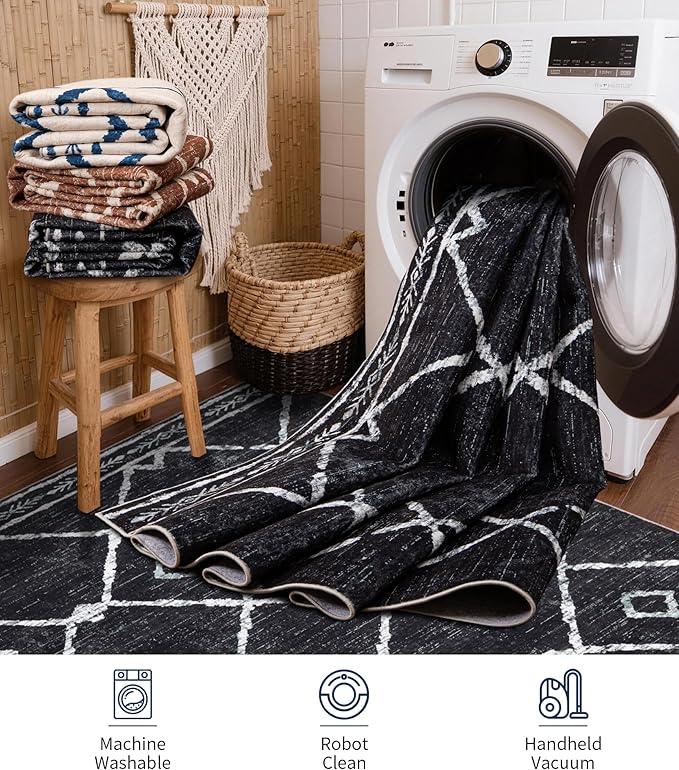 YIHOUSE Moroccan Area Rugs for Living Room 5x7, Black and White Aztec Rug, Western Geometric Soft Low-Pile Washable Rugs for Bedroom, Dining Room