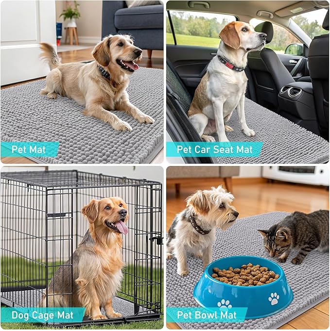 OLANLY Dog Door Mat for Muddy Paws 50x30, Absorbs Moisture and Dirt, Absorbent Non-Slip Washable Doormat, Quick Dry Chenille Mud Mat, Entry Indoor Entryway Carpet for Inside Floor, Light Grey