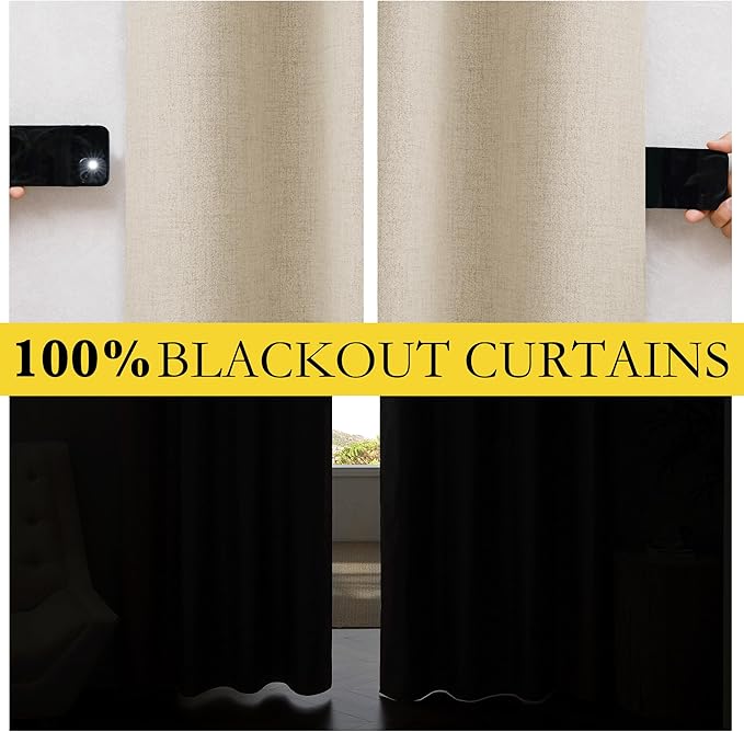 NICETOWN Cream 100% Blackout Linen Curtains 63 inch Long Burg for Kitchen, 1 Pair, 62" Width Each Panel, Farmhouse Thick Completely Blackout Window Treatment Thermal Insulated Drapes