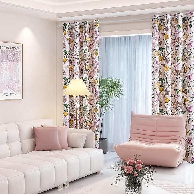 Topfinel Pink Curtains 102 Inches Long Cute Sound Dampening Pretty Vintage Elegant Whimsical Floral Hummingbird Dusty Rose Drapes for Girls Kids Room Aesthetic Living Room 2 Panels