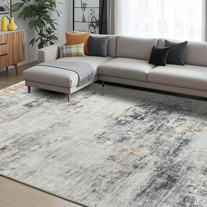 Toneed Abstract Area Rug 7x9 Modern Washable Rug Soft Non Slip Rug Low Pile for Bedroom Living Room Dining Room Grey/Brown