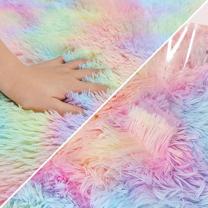 Small Fluffy Rainbow Colorful Area Rug for Girls Bedroom 3x5 Kawaii Tie Dye Rug Fuzzy Unicorn Throw Rug for Living Room Kids Nursery Baby Princess Room Living Room Home Decor Aesthetic Carpets