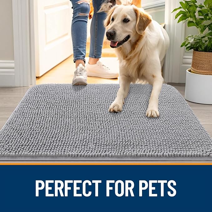 OLANLY Dog Door Mat for Muddy Paws 35x24, Absorbs Moisture and Dirt, Absorbent Non-Slip Washable Doormat, Quick Dry Chenille Mud Mat for Dogs, Entry Indoor Entryway Carpet for Inside Floor, Light Grey