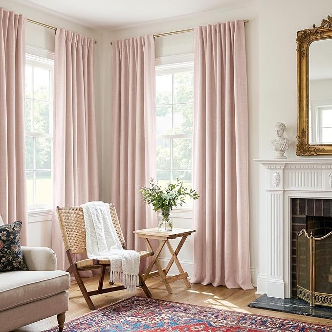 100% Blackout Shield Light Pink Linen Blackout Curtains for Bedroom 96 Inches Long, Back Tab/Rod Pocket Living Room Drapes, Thermal Insulated Blackout Curtains 2 Panels Set, 50" W x 96" L
