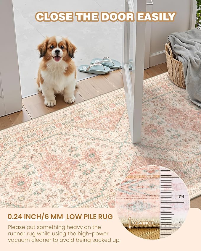 Entryway Rug - 2x3 Washable Rug Runner for Bathroom, Laundry Room, Kitchen, Soft Vintage Hallway Runner for Bedroom, Non-Slip Door Mat Indoor Entrance(Pink,2'x3')