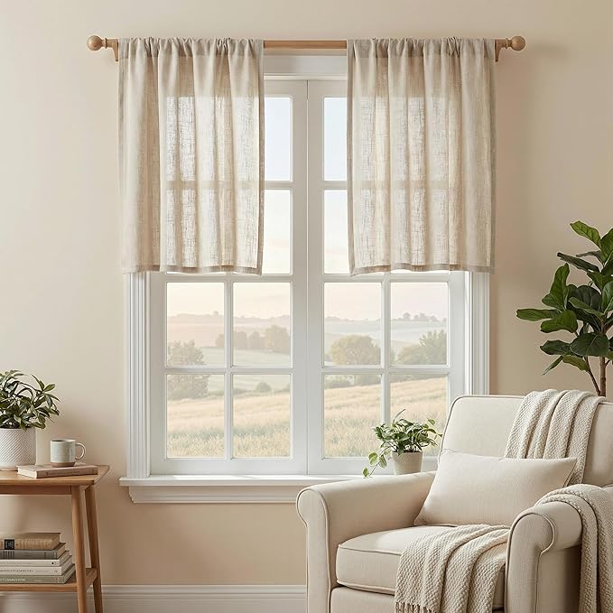 MYSKY HOME Kitchen Semi Sheer Oatmeal Curtains 24 Inch Long, Light Filtering Window Panels Rod Pocket Valance Neutral Drapes for Small Window/Cafe/Bathroom Basement, Taupe, 2 Panels, 34 x 24 Inch