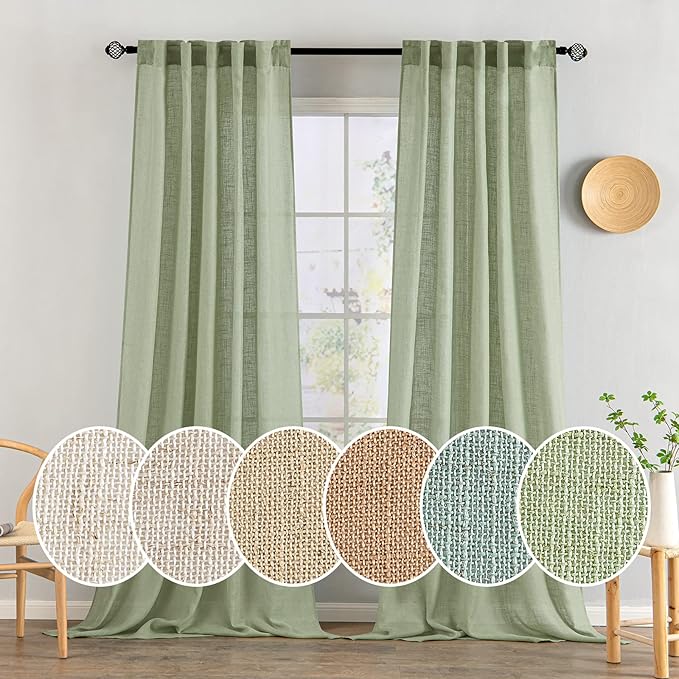 MIULEE Sage Green Linen Curtains 100 Inch Length 2 Panels for Bedroom Living Room, Soft Thick Linen Textured Window Drapes Semi Sheer Light Filtering Back Tab Rod Pocket Burlap Look Decor