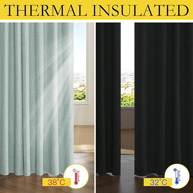 NICETOWN 100% Absolutely Blackout Linen Curtains with Thermal Insulated Liner, Seafoam Green, 52" Wide, 45" Length Energy Saving Curtains for Living Room 2 Panels Set, Vertical Blinds
