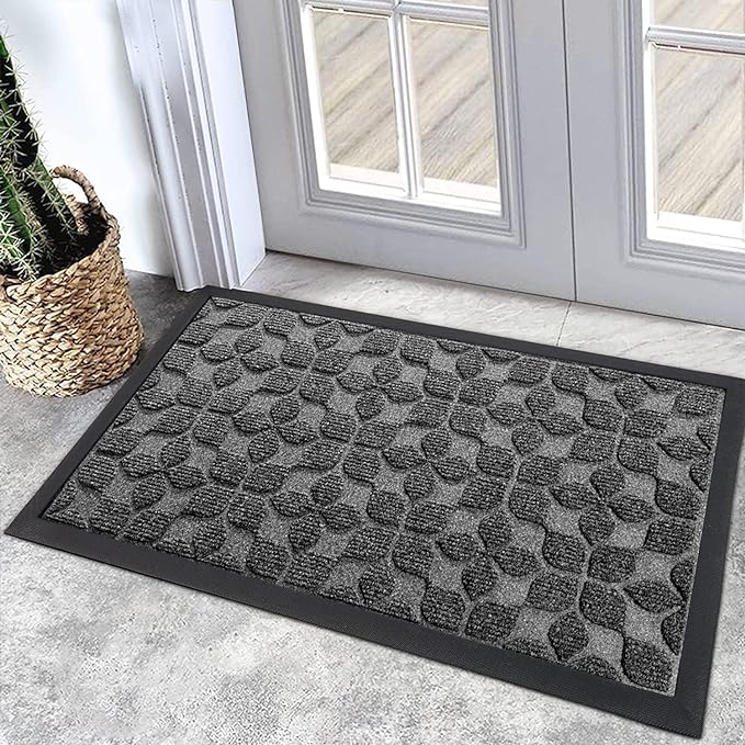 Bulijojo Sturdy Front Entrance Doormats,Durable Heavy Duty Welcome Mat,Thick Absorbent Natural Rubber Non Slip Mat,Easy Clean Entryway Mat Geometric Grey 23"x35"