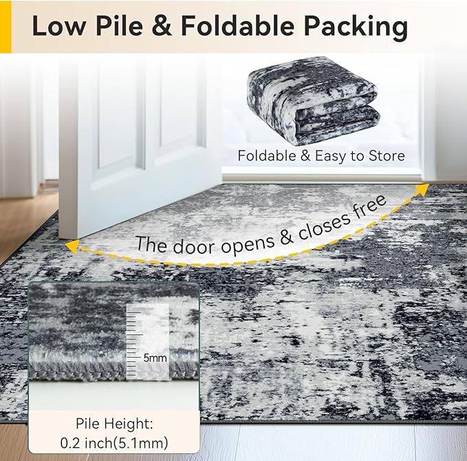 Washable Area Rugs 4'x6' Non-Slip Modern Abstract Soft for Living Room Entryway Bedroom Nursery, Print Pattern, Black Navy Blue Gray