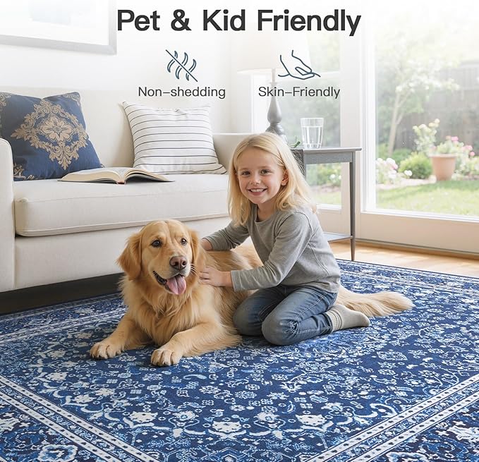 Lofus 8x10 Area Rugs for Living Room, Machine Washable Non-Slip Area Rug, Low Pile Large Rugs for Bedroom, Kitchen, Dining Room, Home Office, Vintage Oriental Print Rug, Dark Blue with White