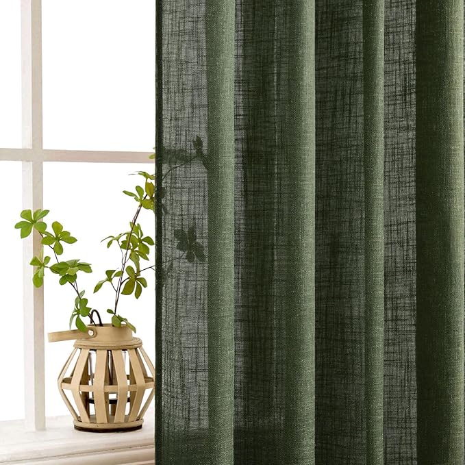 MIULEE Olive Green Linen Curtains 108 Inches Long for Bedroom Living Room, Soft Thick Linen Textured Window Drapes Semi Sheer Light Filtering Back Tab Rod Pocket Christmas Decor, 2 Panels