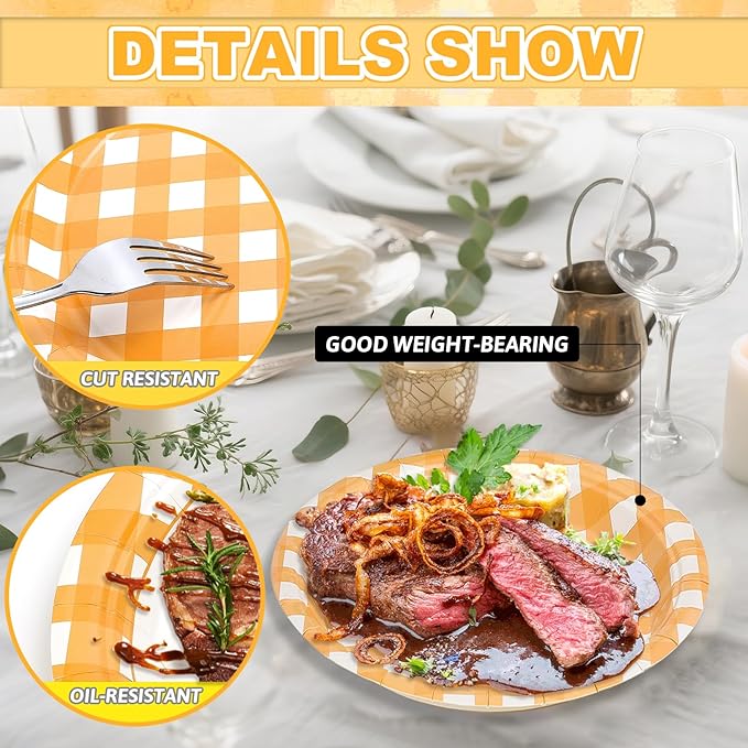 52 Pcs Orange Gingham Party Plates - 7 Inch Checkered Plaid Dessert Plates Disposable Orange and White Paper Plate - For Picnic BBQ Birthday Dinner Party Supplies