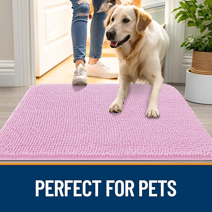 OLANLY Dog Door Mat for Muddy Paws 35x24, Absorbs Moisture and Dirt, Absorbent Non-Slip Washable Doormat, Quick Dry Chenille Mud Mat for Dogs, Entry Indoor Entryway Carpet for Inside Floor, Pink