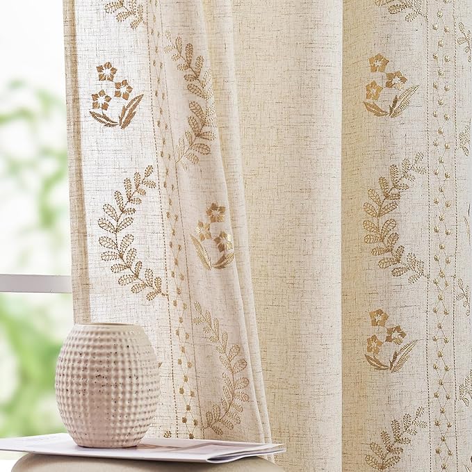 jinchan Belrose Linen Curtains for Bedroom Floral Curtains 96 Inch Length Linen Blend Beige Embroidered Drapes Farmhouse Flower Patterned Drapes for Living Room Window Treatments Set 2 Panels