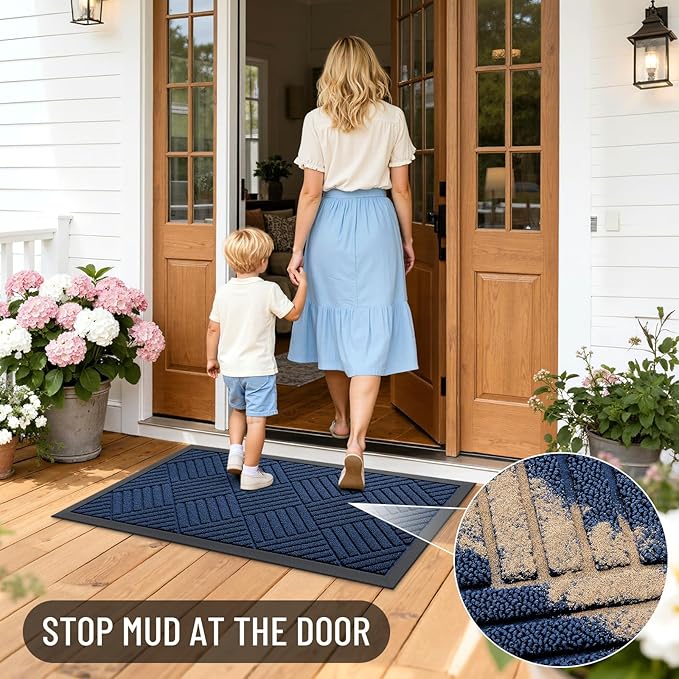 OLANLY Front Door Mat Outside Entrance 47x32, Absorbent, Heavy Duty Sturdy Natural Rubber Doormat Indoor Outdoor, Stain Fade Resistant, Non-Slip Low Profile Floor Mat for Entryway, Navy Blue Diamond