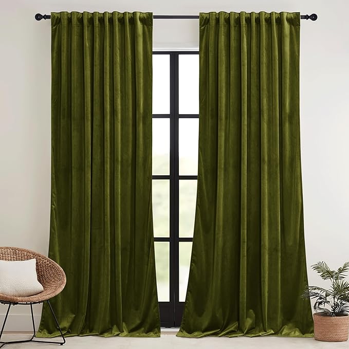 RYB HOME Moss Green Velvet Curtains 96 inches, Luxury and Soft Velvet Fabric, Spring Summer Decorative Curtains & Drapes for Patio Doory Room Window, W 52 x L 96 inches, 2 Panels Set