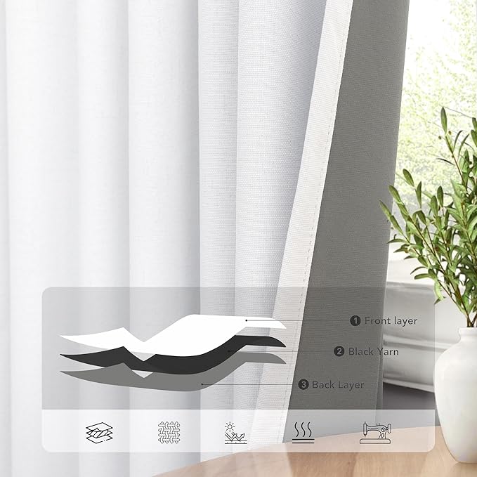 Drapes 84 Inch Length 2 Panels Set for Living Room Darkening Curtain for Bedroom Aesthetic White Blackout Curtains Nursery Cute Black Out Curtains Cotton Linen Textured Back Tab Pleated 52x84 Long 7ft