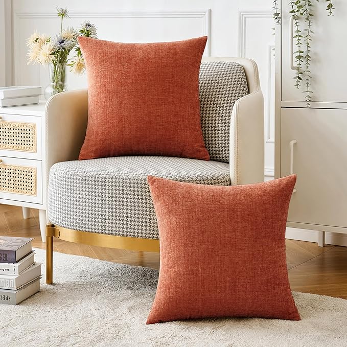 MIULEE Pack of 2 Couch Throw Pillow Covers 18x18 Inch Soft Burnt Orange Chenille Pillow Covers for Sofa Living Room Solid Dyed Pillow Cases