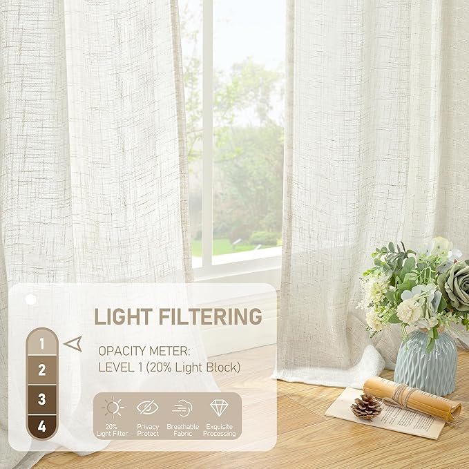 LAMIT Linen Sheer Curtains 72 Inch Length 2 Panels, Linen Textured Light Filtering Semi Sheer Back Tab and Rod Pocket Burlap Boho Neutral Drapes for Bedroom/Living Room, Ivory Cream, 52 x 72 Inch