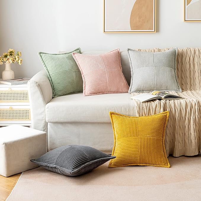 MIULEE Decorative Throw Pillow Covers for Couch Bed Livingroom 18x18 Inch Set of 2 Light Grey Boho Accent Throw Pllows Broadside Striped Patchwork Soft Corduroy Pillowcases