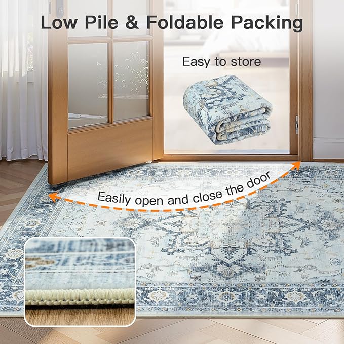 Lofus 8x10 Area Rugs for Living Room, Machine Washable Non-Slip Area Rug, Low Pile Large Rugs for Bedroom, Kitchen, Dining Room, Home Office, Vintage Oriental Print Rug, Blue Gold