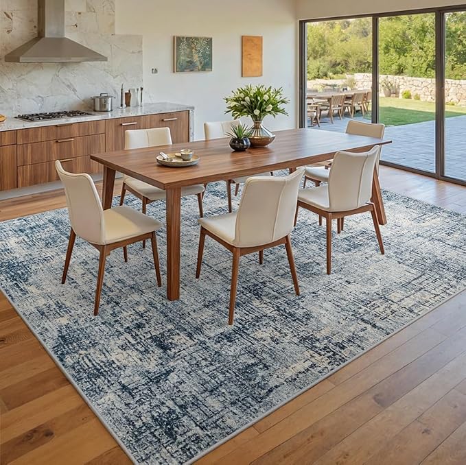 8x10 Area Rugs for Living Room Washable Rug: Anti-Skid Abstract Modern Living Room Rug Soft Thin Carpets Indoor Floor Non-Shedding Carpet for Bedroom Dining Farmhouse Nursery Home Office Blue Gold