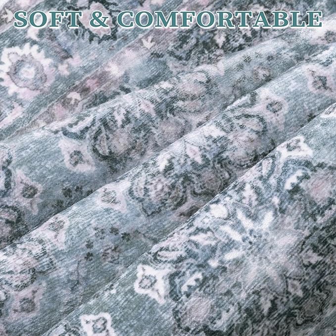 SERISSA Boho 8x10 Area Rugs Blue Grey, Washable Vintage Floral Large Living Room Rug Non-Slip, Ultra Soft Oriental Print Distressed Farmhouse Carpet for Dining Room Bedroom Dorm Office Home Decor