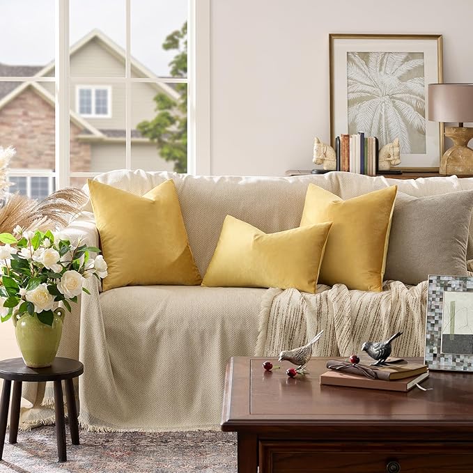 GIGIZAZA Decor Throw Couch Pillow Covers,Set of 2 Sofa Cushion Yellow Pillow Covers,Velvet Pillow Cases 24 x 24inch