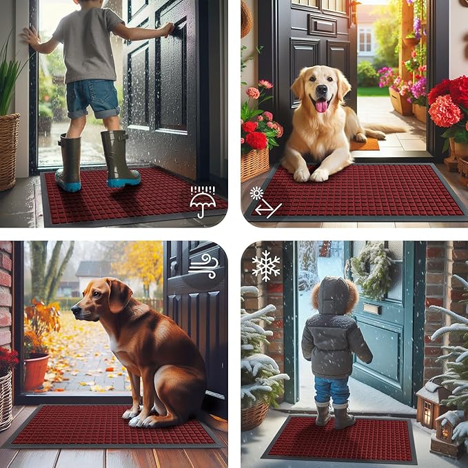 Smiry Front Door Mat Outside Entrance, Heavy Duty Natural Rubber Doormat, Non Slip, Trap Dirt and Moisture, Easy Clean, Low Profile Welcome Floor Mats for Indoor Outdoor Entry, 35x23 Inch, Red