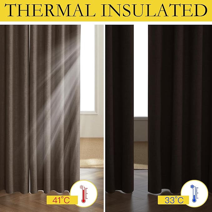 NICETOWN Coffee Vintage Linen 100% Blackout Curtains for Living Room, Thermal Insulated Curtains 45" Long, Noise Reducing Window Treatment Drapes for Hall Room, 52" Wide Per Panel, Set of 2