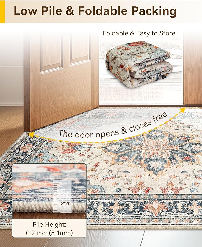 Area Rugs 3'x7' Runner Rug Non Slip Washable for Kitchen Hallway Bedroom Beside Laundry Room Bathroom Rug, Floor Carpet, Beige Navy Blue Orange Colorful