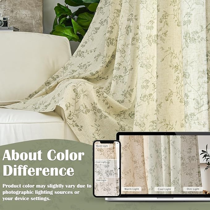 Lazzzy Farmhouse Linen Curtains Extra Long Green Floral Curtains 108 Inch Length Back Tab Drapes for Living Room Bedroom Light Filtering Country Vintage Rod Pocket, 2 Panels, Green on Beige