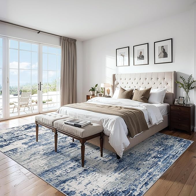 Area Rugs 10x14 Living Room - Washable Rug Modern Abstract Soft Large Neutral Non-Slip Carpet Indoor Floor Thin Carpets for Bedroom Dining Room Farmhouse Nursery Home Office Blue Gray