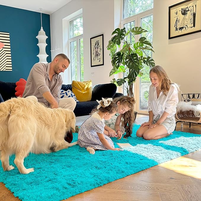 OLANLY 2x6 Machine Washable Runner Rugs for Hallway, Soft Fluffy Shaggy Bedside Rugs for Bedroom, Living Room, Indoor Floor Carpet for Kids Girls Boys, Nursery Rooms, Home Decor Aesthetic, Teal Blue