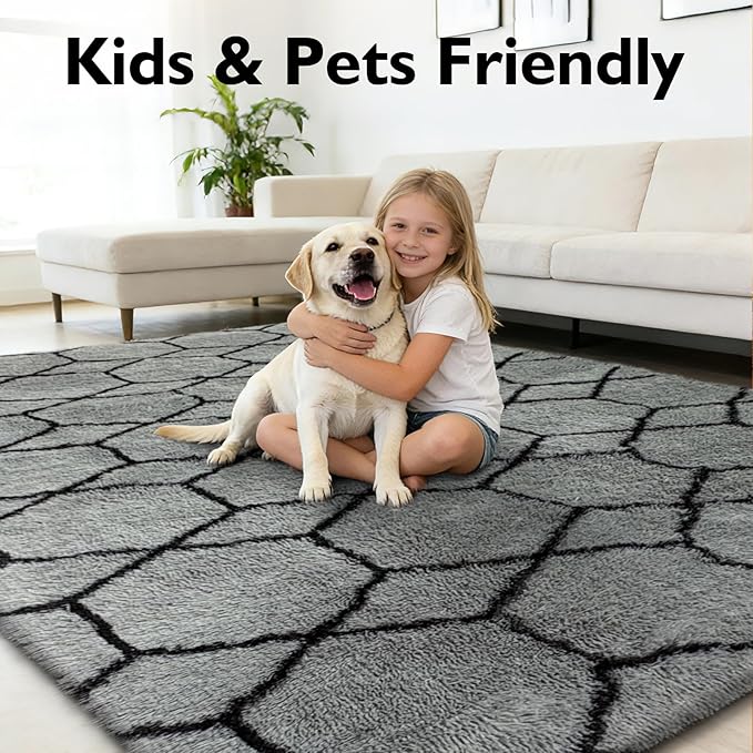 6x9 Fluffy Area Rugs for Living Room,Shag Area Rug for Bedroom,Geometric Soft Fuzzy Rug Non-Shedding Indoor Plush Carpet for Kids Bedroom Nursery Home Decor,Grey and Black