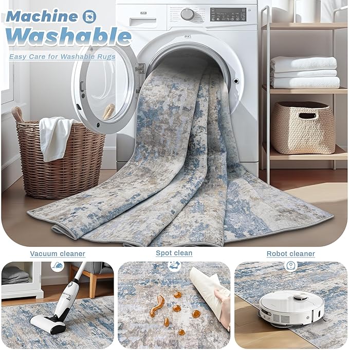 pmtsns Area Rugs 10x14 Living Room: Washable Rug Modern Abstract Neutral Soft Non-Slip Low-Pile Indoor Large Carpet for Bedroom Dining Room Playroom Home Office (Light Blue Brown, 10'x14')