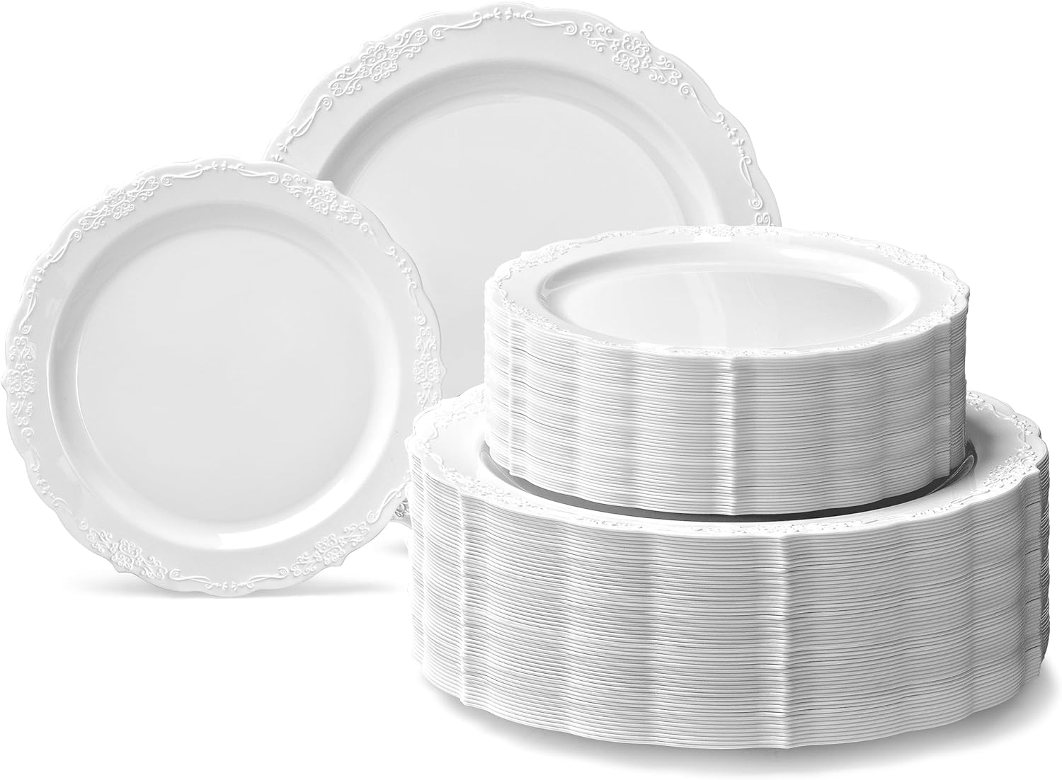 " OCCASIONS " 240 Plates Pack,(120 Guests) Vintage Wedding Party Disposable Plastic Plates Set -120 x 10'' Dinner + 120 x 7.5'' Salad/Dessert (Verona Plain White)