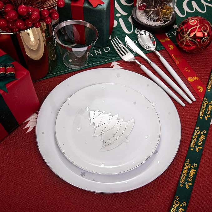 bUCLA 150PCS Christmas White and Silver Plastic Plates for 25 Guests - Include 25 Each (Dinner & Dessert) Plates, 25 Cups, 25 Knives, 25 Forks, 25 Spoons