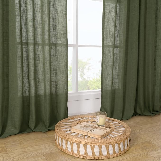 LAMIT Olive Green Linen Curtains 80 inch Length 2 Panels, Light Filtering Semi Sheer Curtains Back Tab and Rod Pocket Neutral Panels for Bedroom/Living Room, 34 x 80 Inch