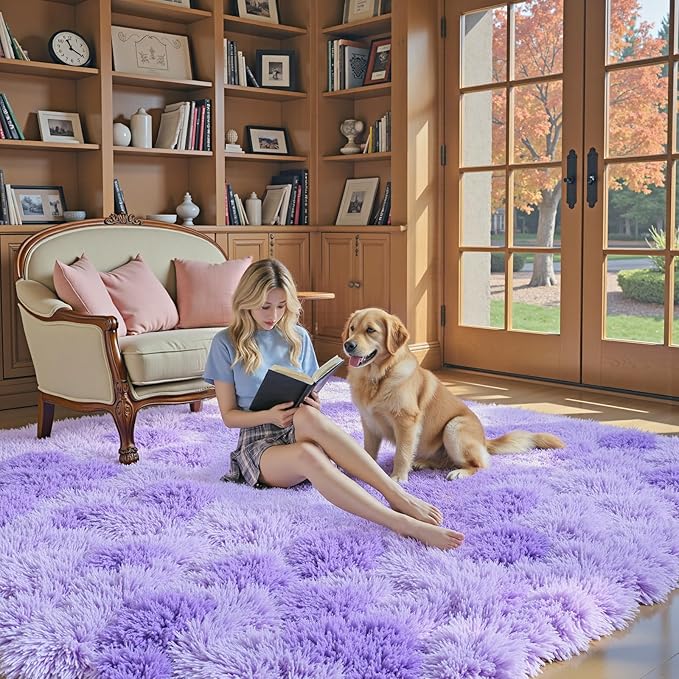 Area Rugs 9x12 Living Room, Large Area Rug Shag Shaggy Carpet Soft Plush Furry Bedside Rug, Machine Washable Area Rugs for Bedroom Kids Girls Boys Anti Slip(9 x 12, Purple Starry)