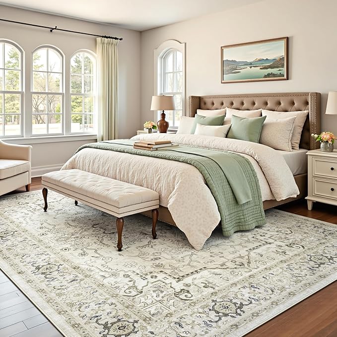 Lofus 8x10 Area Rugs for Living Room, Washable Area Rug, Rugs for Bedroom, Kitchen, Vintage Boho Carpet, Soft Non-Slip, Low Pile Large Area Rug for Office Dining Room, Beige and Brown