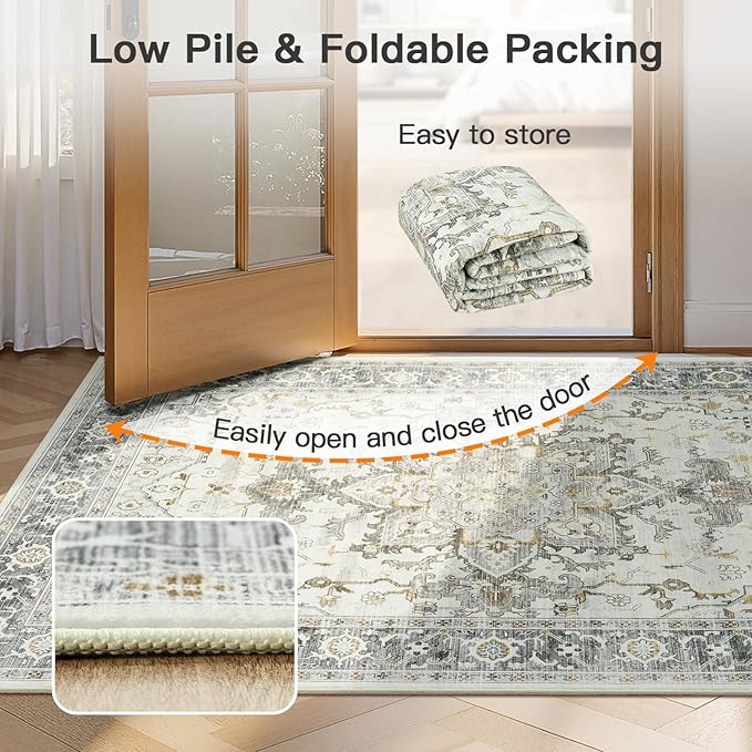 Lofus 5x7 Area Rugs for Living Room, Machine Washable Non-Slip Area Rug, Low Pile Large Rugs for Bedroom, Kitchen, Dining Room, Home Office, Vintage Oriental Print Rug, Taupe Grey
